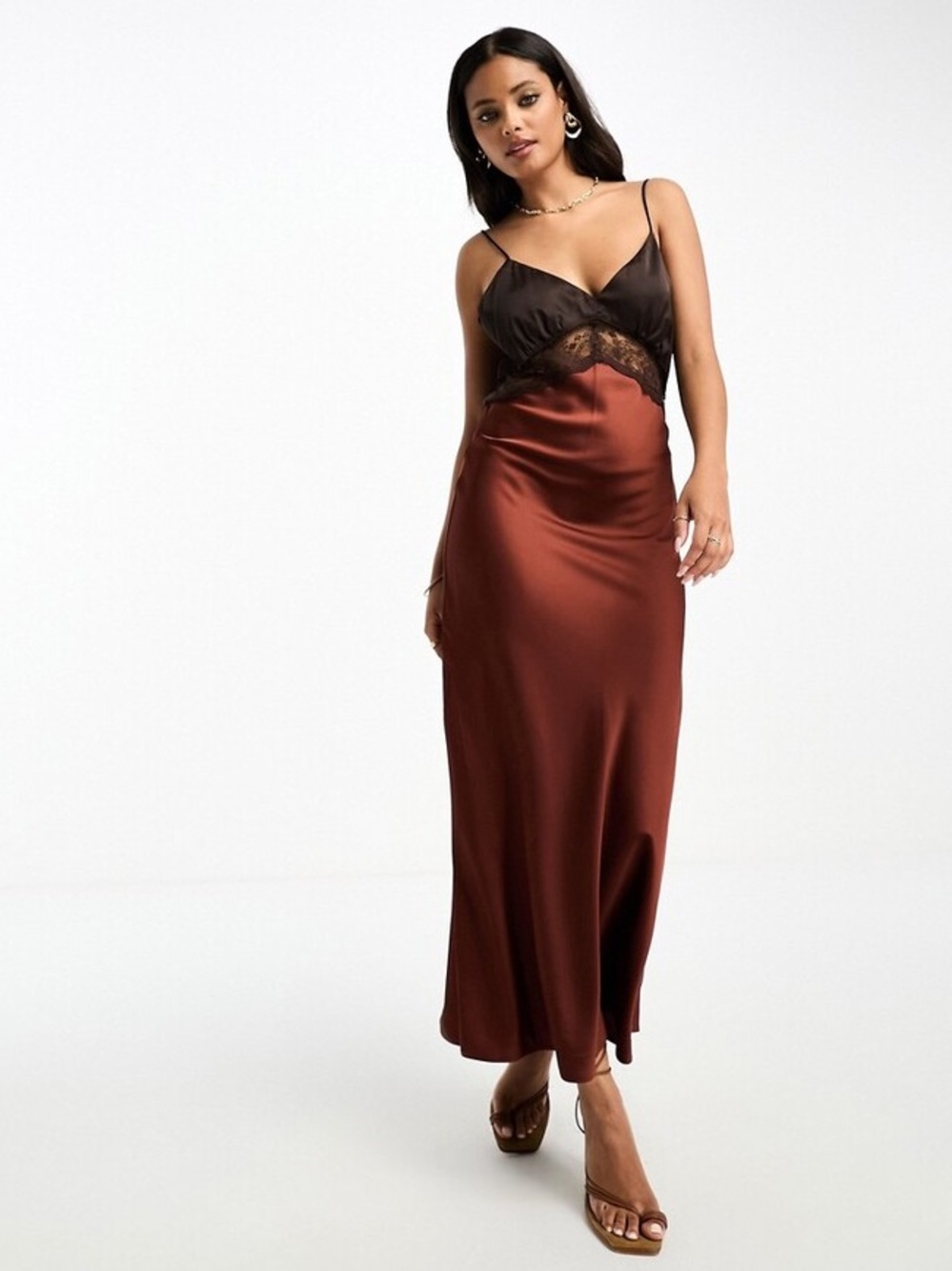 Abercrombie & Fitch Brown Satin Lace Panel Slip Dress Womens Medium New NWT - Picture 4 of 15